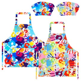 TOPWAYS Kids Aprons, Chef Hat Set Children Apron, Handprints Print Children's Apron Adjustable with 2 Pockets for Cooking Baking Painting Wear (2PCS Handprints)