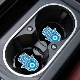 Car Cupholder Coaster Absorbent 2 Pack Unique Hamsa Hand Evil Eye Design Rubber New Automotive Cup Holder Decal Decor Accessories for Women Men BD365