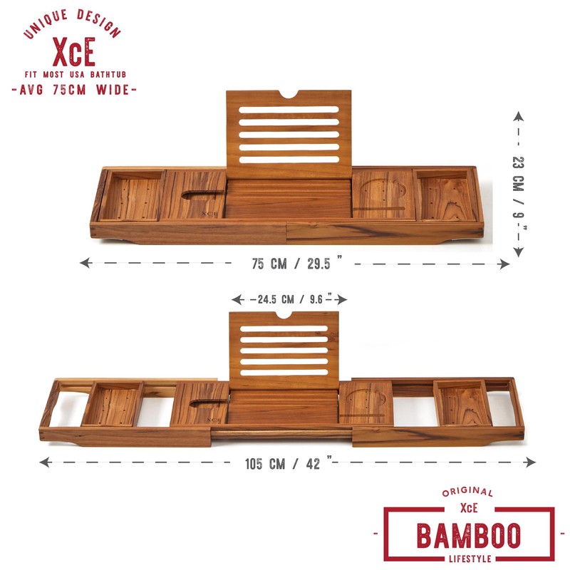 XcE Teak Bathtub Tray Expandable to 105cm with Solid Book
