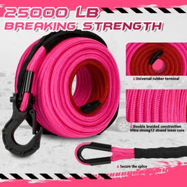STEGODON Synthetic Winch Rope, 3/8'' x 85ft 25,000LBS Double Braided Synthetic Winch Line 3/8 Winch Cable Replacement Synthetic Rope with Forged Winch Hook for 4WD Off Road Vehicle SUV Truck(Pink)