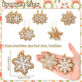 20Pcs Christmas Gingerbread Snowflake Ornaments, Mini Snowflake Decorations for Christmas, Silicone Hanging Snowflakes in 4 Styles with Gold Ropes, Rustic Winter Craft for Xmas Decorations Indoor