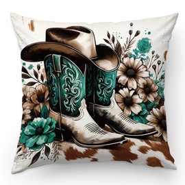 KongMoTree Boots Cowgirl Hat Throw Pillow Cover Retro Western Throw Pillow Cover Soft Flannel Fluffy Couch Pillow Cover for Home Bedroom Living Room Sofa Holiday Festivals Winter Home Decor