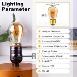 Century Light Century Light E27 Dimmbar Vintage LED Glhbirne, 3W 150lumen Bernsteinfarbene Edison LED-Lampen Ersetzt 30Watt Glhlampen, 2200K warmwei?e Leuchtmittel,CRI>90+,pack von 6