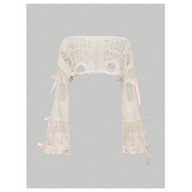 BEAUDRM Women's Hollow Out Ripped Bow Sweater Bell Long Sleeve Cropped Crochet Shrug Apricot Medium