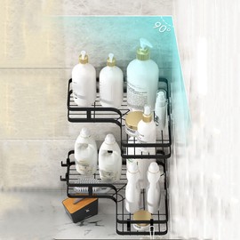 YGSIKY Shower Shelf No Drilling Corner, Pack of 2 Shower Shelves, Black Shower Basket, Rustproof Stainless Steel Corner Shelf, Shower, No Drilling with 4 Hooks, Shower Organiser for Bathroom and