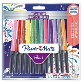 Paper Mate Flair Metallic Felt Tip Pens Glittery Ink Shines on White Paper Assorted Colours Medium Point (0.7mm) 12 Count