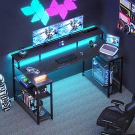 ODK 48 Inch Gaming Desk with LED Lights and Power Outlet, U-Shaped Computer Desk with Monitor Stand and Storage Shelves, PC Gamer Table for Home Office, Carbon Fiber Black