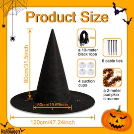 WPZQBW Halloween Parade Golf Cart Decoration，47 Inch*31.5 Inch Giant Witch Hat for Car decoration,with Black,orange pumpkin Tinsel, Witch Theme hat for Halloween Day Decor (Black)