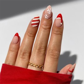 Christmas Press on Nails Medium Almond Fake Nails with Red French Tip Design Acrylic Nails Cute Christmas Hat Snowflake Nails Press ons Glossy False Nails Full Cover Glue on Nails for Women 24Pcs