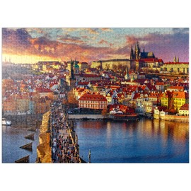 MyPuzzle Panoramic View On Top of Charles Bridge Prague Castle and Vltava River Prague Czech Republic - Premium 1000 Piece Jigsaw Puzzle for Adults