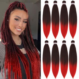 ATRAENTE Braiding Hair Pre Stretched,18 Inch 8 Packs Ombre Braiding Hair for Boho Box Braids Yaki Texture Hot Water Setting Soft And Light（18", T1B/red）