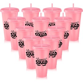 Reallnaive Sleepover Party Supplies for Girls Sleepover Squad Cups with Lids and Straws 24 oz Slumber Party Plastic Tumbler Coffee Cup for Birthdays Slumber Spa Parties Favors(Pink,12 Pcs)
