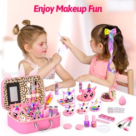 Mqsiuve Little Girls Makeup Kit, Pretend Make Up for Kids, Princess Play Makeup Set, Toddler Toy Real Washable Cosmetic Set & Nail Kit Birthday Gift for Ages 3 4 5 6 7 8 9 10-12 Year Old, Pink