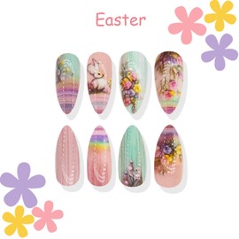 MIXFOSAHN Easter Press on Nails Medium Almond Fake Nails Pink Blue False Nails with Paintings Designs Rabbit Flower Glossy Stick on Nails Glue on Nails Easter Nail Acrylic Nails for Women Girls 24 Pcs