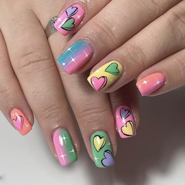 Heart Press on Nails Short Square Colorful Love Heart False Nails with Design Valentine's Day Fake Nails French Glossy Acrylic Nails Full Cover Coffin Artificial Nails, Glue on Nails for Women 24Pcs