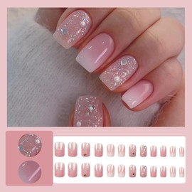 24 Pcs Ombre Pink Press on Nails Short Square Nail Tips,YEFIUO French Acrylic Fake Nails Press ons with Sequins Glitter Glossy Design Glue on Nails Full Cover Reusable False Nails Art Kit for Ma'am
