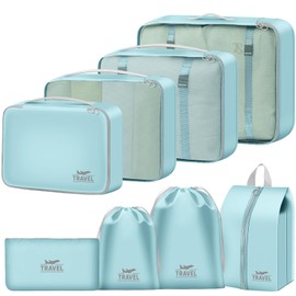 MOFELON Suitcase Organiser - 8 Pieces, Packing Cubes, Packing Cubes for Backpack, Travel Organiser Packing Bags Set with Clothes Bags, Shoe Bag, Laundry Bag, Cosmetic Bag, Travel Gadgets, Blue