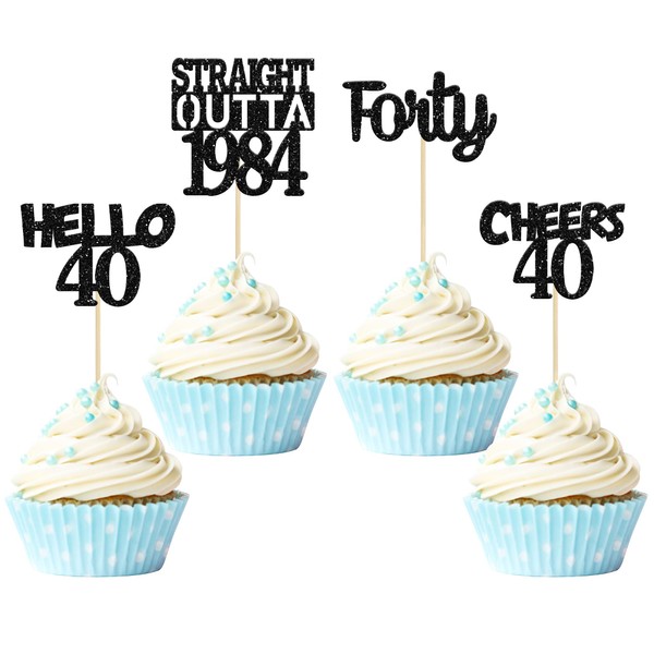 Gyufise - Paquete de 24 adornos para cupcakes de 40 cumpleaños con purpurina, 40 piezas de decoración de pasteles de 40 años de cumpleaños, aniversario, 40 piezas