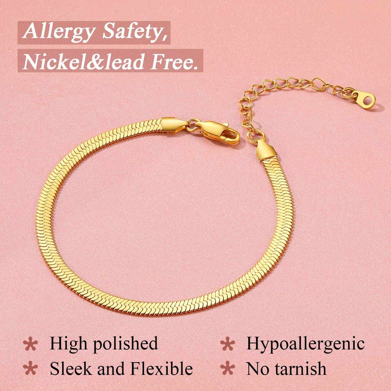 FindChic Dainty Anklets 18K Gold Plated Herringbone Snake Chain Layered