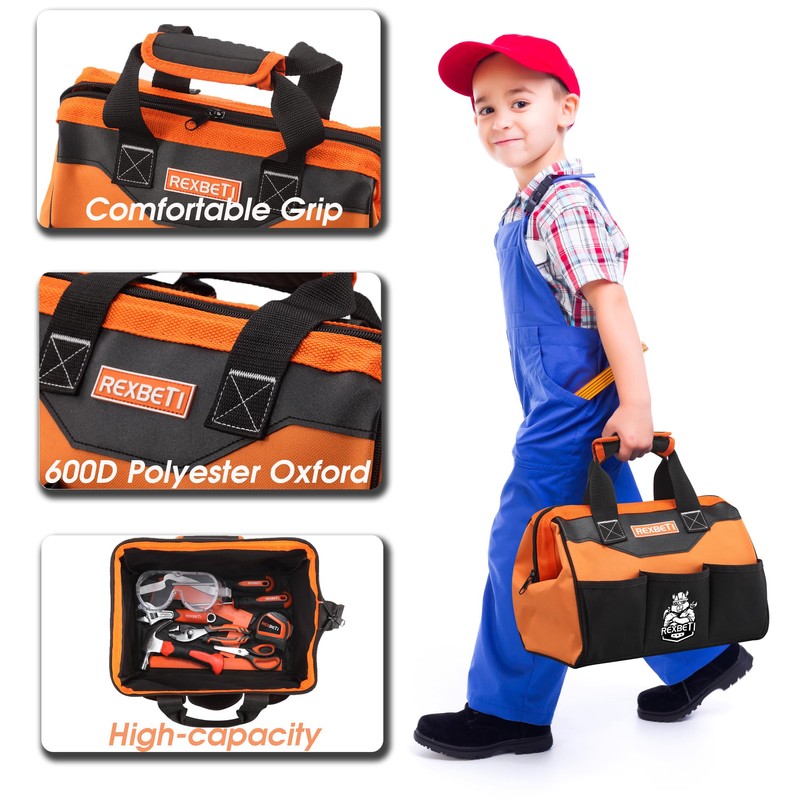 REXBETI 10-Piece Kids Tool Set with Real Hand Tools, Orange