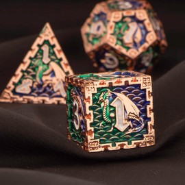Metal Dice Set, OUKELANWO Blue and Green Sharp Edges DND Dice Set, Dragon Design D + D Polyhedral Dice Set D20 D12 D10 D8 D6 D4 with Cool Box, Roll Role Playing D&D Dice Set for Dungeons and Dragons