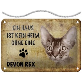 Tin Sign with Cord 18 x 12 cm "Ein Haus ist kein Heim ohne eine Devon Rex Katz" [German Language] Blechemma