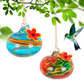 2 Pcs Blown Glass Hummingbird Feeder for Outdoors Hanging, Ant & Bee Resistant Window Bird FeederHandmade Garden Decor Gift for Women - Small Round Glass Feeders Bundle (Ellipse B2)