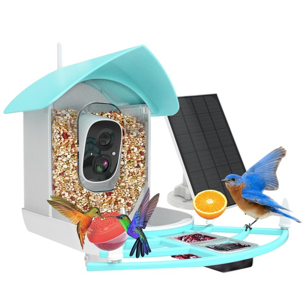 Gyozol Smart Bird Feeder with Camera, AI Identify Bird Breed, Solar-Powered WiFi 1080P Live Camera, Auto Capture Backyard Garden Bird Watching, Motion Detection, Cloud and SD Card Storage, Blue