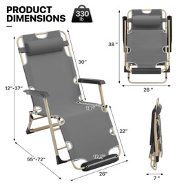 MoNiBloom Set of 2 Folding Reclining Patio Chair, 3-Position Patio Lounger Folding Chair with Footrest for Backyard Poolside Lawn, Red, 330lbs Capacity, Grey