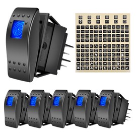 eFuncar 6PCS Rocker Switches 12 volt 4Pin SPST 20A/12V 10A/24V ON/Off Set with Night Glow Sticker Blue LED Light Waterproof Boat Marine Toggle Switch 2 Positions for Truck Motorcycle ATV UTV RV Camper