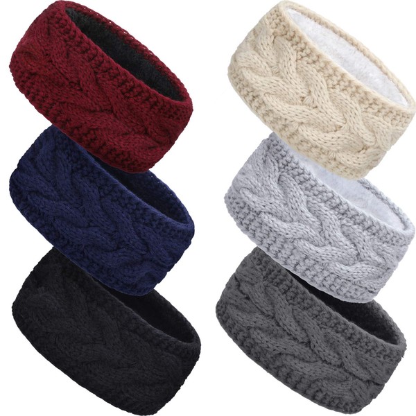 WILLBOND 6 Pieces Womens Headbands Winter Fleece Lined Winter Ear Warmer Headband Cable Knit Ear Warmer Thick Head Wrap for Women girl Cold Weather (Classic Colors)