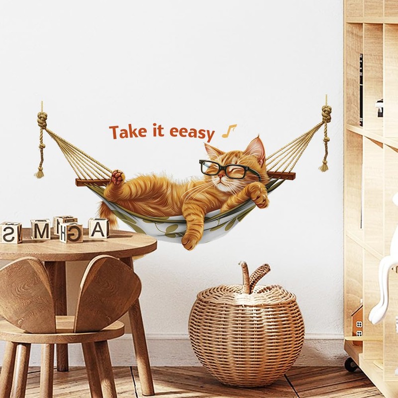 Cute Cat in Hammock Wall Sticker PVC Cartoon Home Decoration
