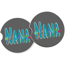 Nana Sandstone Car coaster Quote in Teal Blue and Whimsical Flowers on a Grey Background (SET OF 2) Absorbent Auto Cup Holder Coasters