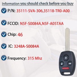 SUPALAND Key Fob Keyless Entry Fits for Honda Civic SI EX Hybrid 2006 2007 2008 2009 2010 2011 2012 2013 Remote Control Head Key Replacement (N5F-S0084A, 35111-SVA-306) 4 Buttons