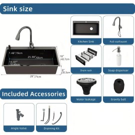 Unbranded Stainless Steel Kitchen Sink 28" 30" 32" Drop In Single Bowl Top Mount w/Faucet - Black, 32 x 18 x 8 inch