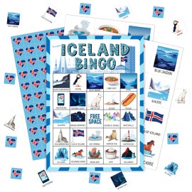 pseuaudo Iceland Bingo Games, Travel Trip Bingo Cards, Iceland Theme Party Game for Adults Family, Christmas Party Activities, 24 Bingo Sets, A001