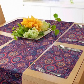 Lunarable Batik Table Runner & Placemats, Eastern Droplet-Shaped Paisley Inspired Traditional Forms Vivid Colors Image, Set for Dining Table Decor, Placemat 4 pcs + Runner 16"x72", Pink Purple