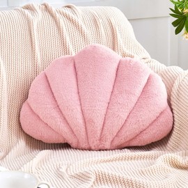 VBGYA Seashell Pillow, Dusty Pink Sea Shell Pillows for Bed, 13" Soft Shell Shaped Decorative Ocean Pillow with Faux Rabbit Fur, Cute Beach Room Decor Pillow Seashell Plush Pillows for Couch, Bed