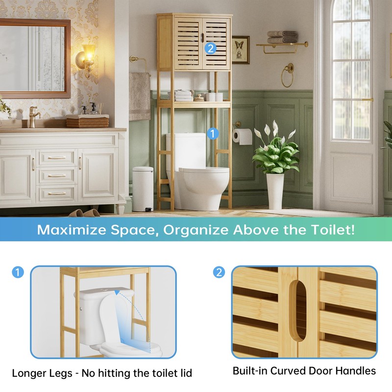SMIBUY Bathroom Over The Toilet Storage Cabinet, 2 Door Bamboo