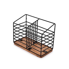 NIRMAN Utensil Holder for Kitchen Counter with Wooden Base Matte Black Cooking Utensil Holder Utensil Organizer (8" x 4" x 6")