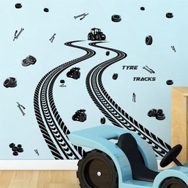 Large Tire Road Wall Stickers Tyre Track Wall Decals Peel and Stick Sport Truck Racing Car Wall Decals Vinyl Road Tyre Wall Stickers for Boys Room Kids Bedroom Decor Race Car Room Decoration