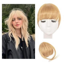 Real Hair Fringe Hairpiece, Clip-In Fringe Real Hair Piece with Clip, Real Hair Clip-In One-Piece Extensions, Fringe Extension, 100% Human Hair, Gold (14 cm)