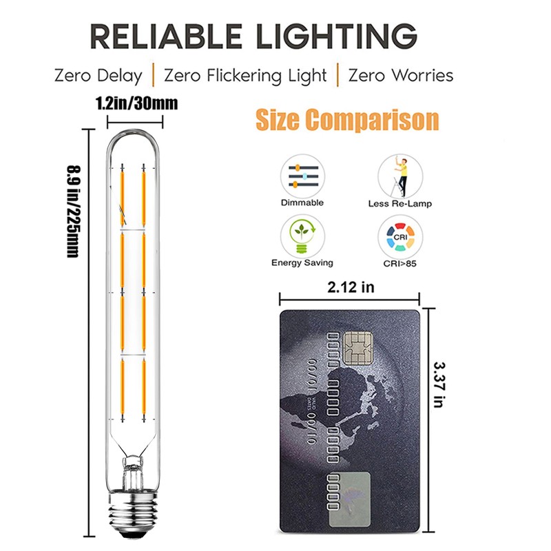 Dimmable 8W T10 LED Bulbs, Warm White 2700K, 8.9inch Long