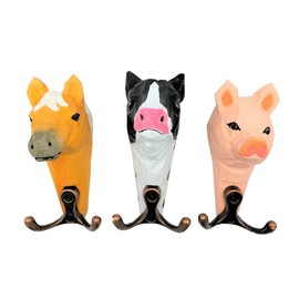 your castle Wall Hooks Farm Animal Family Animal Heads – 2-Way Wooden Coat Hooks Set of 3 Horse, Cow, Pig, 11 x 6 cm