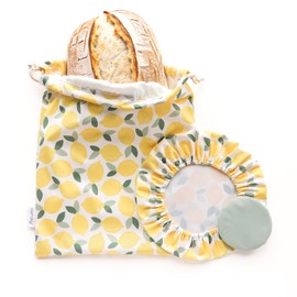 Esembly Sourdough Proofing Kit, Bread Storage Bag, Bread Proof Bowl Cover and Starter Cover - Reusable, Made with 100% TPU Washable Material and Organic Cotton Lined- 3-Piece Set - Lemons