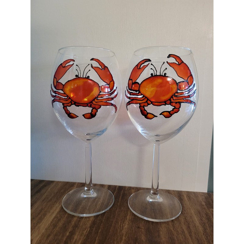Red Crab Stemmed Hand Painted Wine Glasses Set of 2