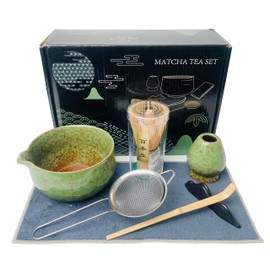AIYICIII Matcha Whisk Set (7pcs) - Matcha Set with Whisk,Pouring Spout Bowl,Chasen Holder,Powder Sifter,Bamboo Scoop with Stand,Tea Cloth,Perfect Tools Kit for Tea Ceremony (Matcha Green)