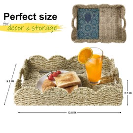 HOMESTEAD 100% Handmade Scalloped Rectangle Seagrass Wicker Tray with Handle, Serving Tray for Coffee, Decoration, Handle, Picnic, Beach, Fruits, Table Decor, Home Decor, Kitchen Island Decor