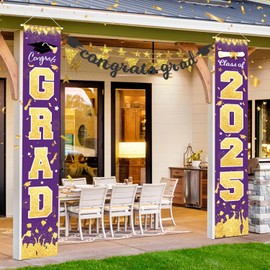 Graduation Decorations Purple Gold 2025/Purple Gold Graduation Party Decorations/Congrats Grad Porch Banner for Any Schools or Grades 2025 Graduation Party Decorations (Purple Gold)