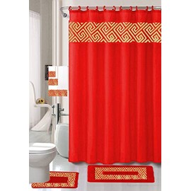Luxury Home Collection 18 Piece Embroidery Non-Slip Bathroom Rug Set Set Includes Bath Rug Mat, Contour Mat, Shower Curtain, Towels, and Hooks (Red)